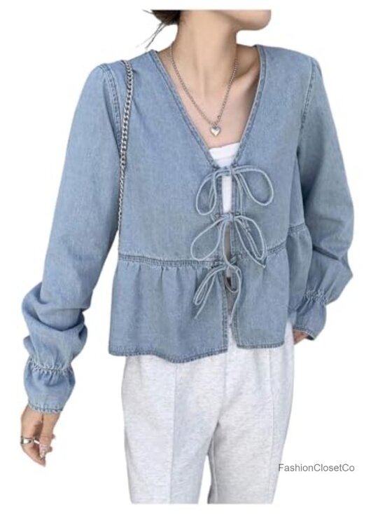 Tops - V Neck Tie Front Denim Jean Blouse Ruffled Peplum Long Sleeve with Splits